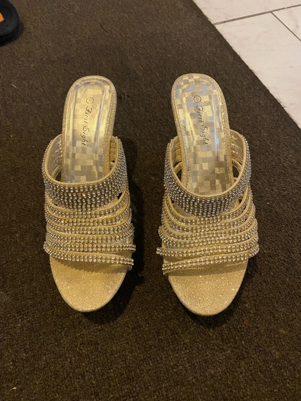 TRUE LIGHT Gold Rhinestone Slide Mules